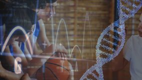 Animation of graphs and dna over diverse teenage basketball team and female trainer. Basketball, sport, school team and technology concept digitally generated video. - Powered by Shutterstock - Get 15% off with code: PIKWIZARD15