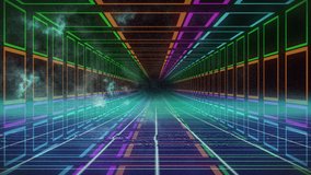 Animation of wow and explosion over tunnel made of colorful squares. Video games, communication and technology concept digitally generated video.