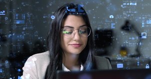 Young Pretty Woman Using Laptop Computer With Holographic Animated Financial Charts and Data. Broker Businesswoman Checking Stock Exchange Information in Office. VR, AR. GUI.