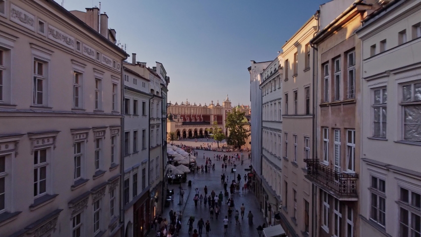 Aerial view of Grodzka Street, Main Square, town-hall, cloth hall and Saint Mary