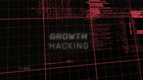 Animation of data processing and growth hacking text on black background. Global technology, computing and digital interface concept digitally generated video.