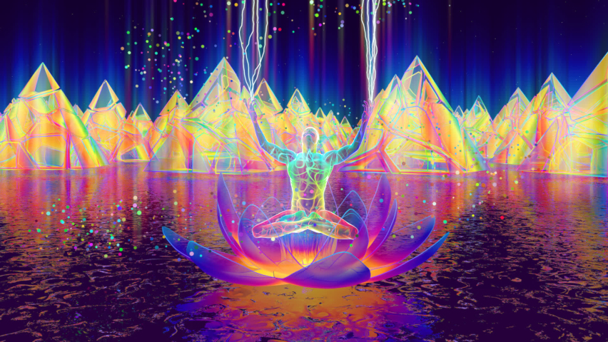 looped 3d animation of a yogi on a translucent 
 the lotus in the astral space creates radiance Royalty-Free Stock Footage #1093611049