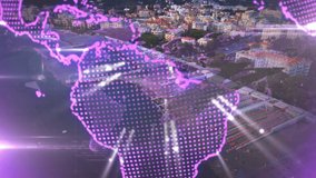 Animation of data processing and cityscape over globe. Global business and digital interface concept digitally generated video.