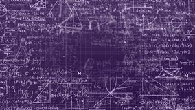 Animation of math formulas on violet background. Math, science, education and learning concept digitally generated video.