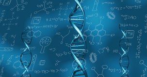Animation of dna rotating over chemical formulas on blue background. Science, biology, data processing and technology concept digitally generated video.