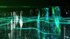 Animation of waves with data processing over network of connections on black background. Global technology, computing and digital interface concept digitally generated video.