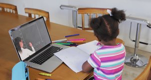 Animation of afican american girl having online lessons on laptop. Homeschooling, education and learning with technology concept digitally generated video.
