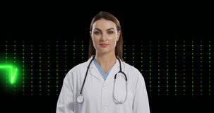 Animation of life line over female caucasian doctor on black background. Global medicine, technology, data processing and digital interface concept digitally generated video.