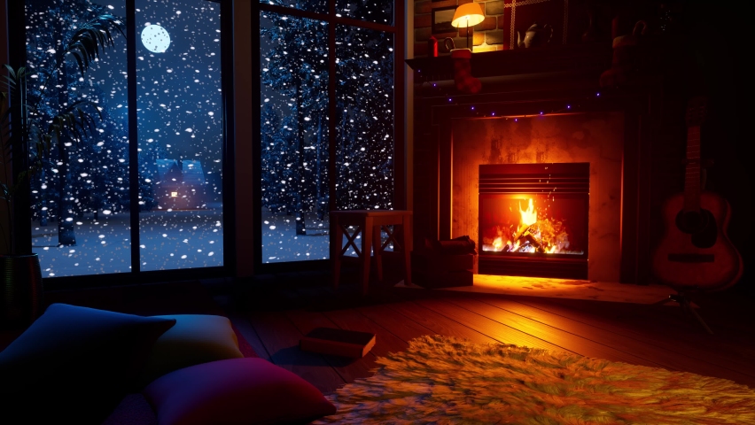 A cozy evening by the fireplace in the house when it's cold and snowing outside the window. The concept of Christmas mood and holiday. Screen server. Royalty-Free Stock Footage #1093630229