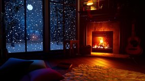 A cozy evening by the fireplace in the house when it's cold and snowing outside the window. The concept of Christmas mood and holiday. Screen server. - Powered by Shutterstock - Get 15% off with code: PIKWIZARD15