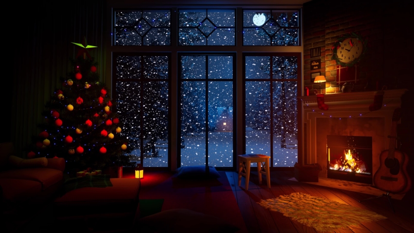Christmas evening near the New Year tree and a cozy fireplace, in front of the window behind which the full moon hangs, and it is snowing. 3D screen server. | Shutterstock HD Video #1093631239