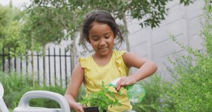 Animation of water drop and percents over biracial girl planting plants. Nature, water lack and econ awareness concept digitally generated video.