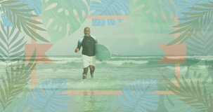 Animation of leaves over senior african american man running on beach with surfboard. Sport and spending time outdoors concept digitally generated video.