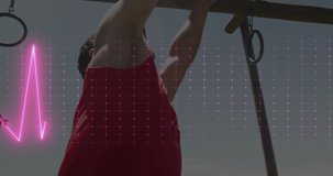 Animation of neon heart rate over diverse men training outdoors. Sport, fitness, active lifestyle and life functions monitoring concept digitally generated video.