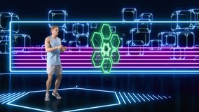 Virtual Reality Shadow Boxer Video Game. In Metaverse Fit Caucasian Man Fight Against Artificial Intelligence, Scoring Points, Virtual Training, Fitness, Exercise, Workout. 3D VFX Graphics, Animation