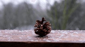 fluffy snowflakes fall on an old wooden table, on beautiful holiday cones, Christmas and New Year symbol, winter, blank for designer, blank for postcard, copy space, snowfall season	 - Powered by Shutterstock - Get 15% off with code: PIKWIZARD15