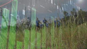 Animation of graphs over diverse men training outdoors. Sport, fitness and technology concept digitally generated video.