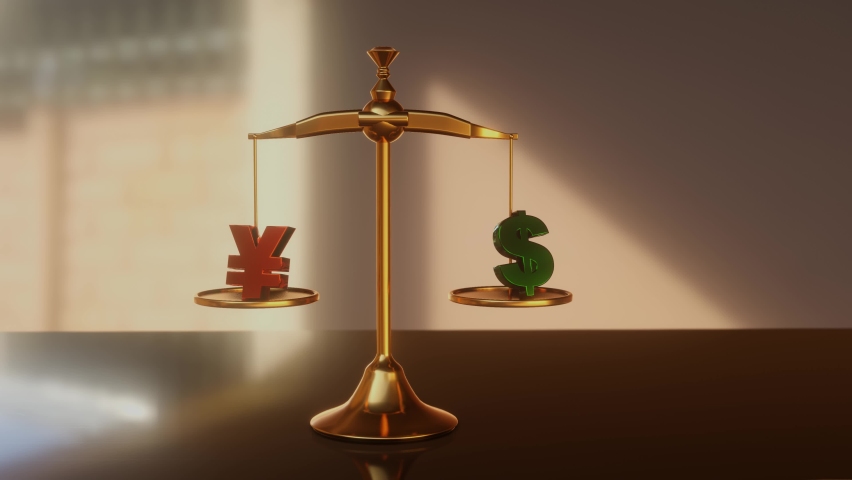Dollar against yuan 3d render concept animation. Balance libra measuring reserve currency of the world.