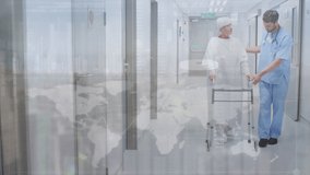 Animation of world map over caucasian male doctor and female patient walking on hospital corridor. Health, medicine and technology concept digitally generated video.