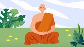 Flat character of a buddhist monk meditating in lotus pose on the green meadow, video animation