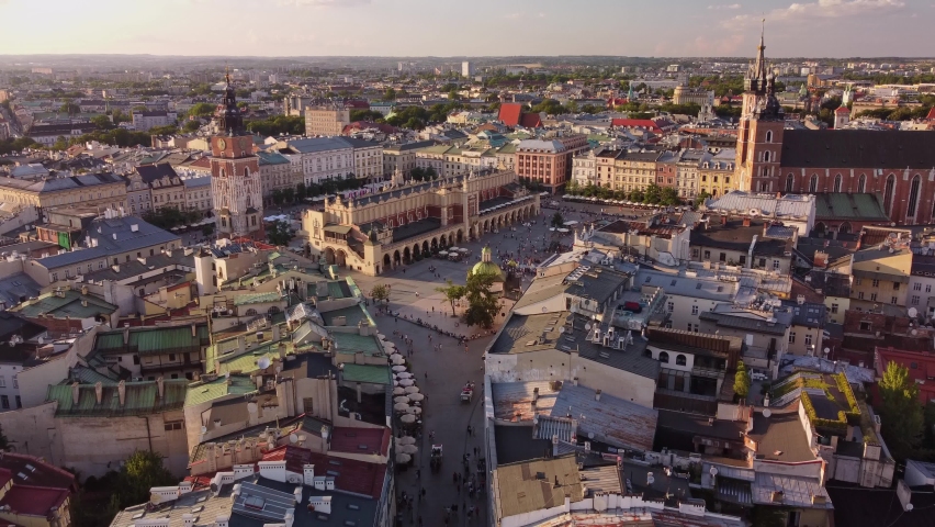 Aerial view of Grodzka Street, Main Square, town-hall, cloth hall and Saint Mary