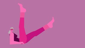Video cartoon animation of flat mature female character laying on floor doing legs up the wall exercise. Happy older woman fitness and workout concept. Fitness for elderly women. 