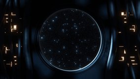 View of a round window with moving stars background  seen from inside a spaceship or sci-fi environment location with cables, light panels and moving illuminations. Looping video. 3D rendering