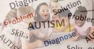 Animation of puzzle and autism texts over female teacher and diverse pupils at school. Learning, education, health and autism awareness concept digitally generated video.