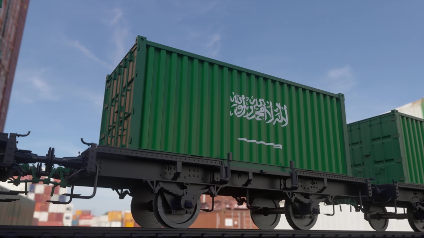 Train and containers with the flag of Saudi Arabia. Railway transportation Royalty-Free Stock Footage #1093646867