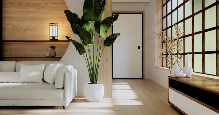 White Sofa japanese on room japan tropical desing and tatami mat floor.3D rendering