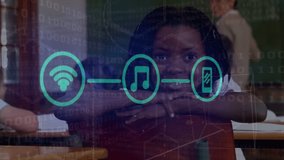 Animation of application icons and binary code over smiling african american girl in classroom. Digital composite, multiple exposure, coding, education, school, childhood and technology concept. - Powered by Shutterstock - Get 15% off with code: PIKWIZARD15