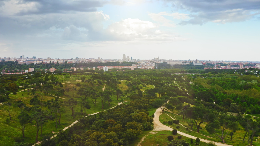 Aerial view beautiful green natural landscape amazing central park Madrid capital of Spain large tourist city blue Lake famous park former hunting forest famous tourist destination impressive Royalty-Free Stock Footage #1093649639