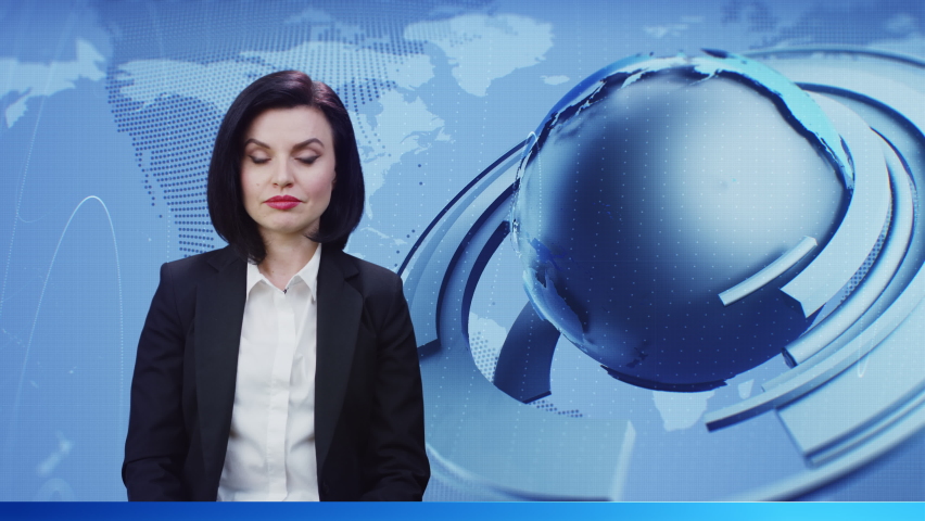 Television broadcasting with positive female news anchor weared formal black jacket from virtual studio on live TV news channel Royalty-Free Stock Footage #1093650089
