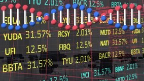Animation of dna structure and stock market data processing against empty office. Global economy and medical research technology concept - Powered by Shutterstock - Get 15% off with code: PIKWIZARD15
