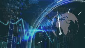 Animation of moving clock and globe over data processing on black background. Global technology, computing and digital interface concept digitally generated video. - Powered by Shutterstock - Get 15% off with code: PIKWIZARD15