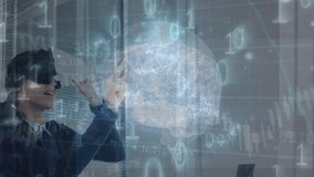 Animation of caucasian businesswoman using vr headset with data processing over server room. Global technology, computing and digital interface concept digitally generated video. - Powered by Shutterstock - Get 15% off with code: PIKWIZARD15