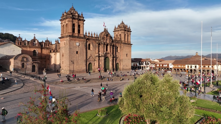  Aerial View of Cusco Peru with the historic downtown and Cathedral Royalty-Free Stock Footage #1093653617