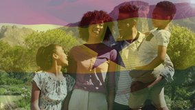 Animation of flag of ghana over african american family. Patriotism, family and digital interface concept digitally generated video.