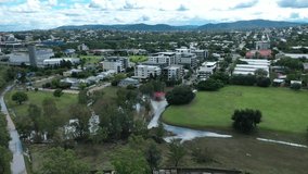 Drone shot of flooded houses stranded amongst flood waters. Brisbane Floods Drone Video 2022 QLD AUS