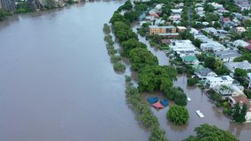 Drone shot of Flooded and underwater streets in West End, Brisbane Floods Drone Video 2022 QLD AUS