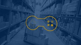 Animation of gamepad icon over warehouse. Global social media, shipping, retail and digital interface concept digitally generated video. - Powered by Shutterstock - Get 15% off with code: PIKWIZARD15