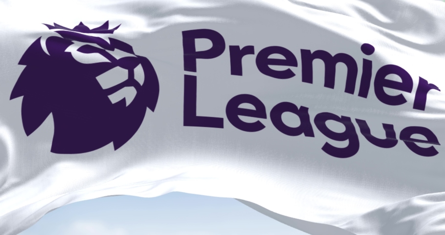London, ENG, July 2022: Close-up of the Premier League flag waving. Premier League is the top level of the English football league system. Fabric textured background. Illustrative editorial