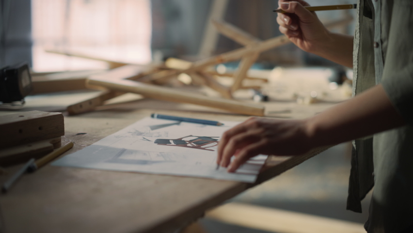 Close Up Portrait of a Furniture Designer Writing Down Dimensions and Assembling Legs of a Wooden Chair. Stylish Black Female Carpenter Working in Studio in Loft Space with Tools on the Walls.