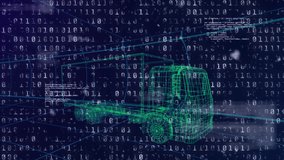 Animation of binary coding data processing over 3d drawing of lorry. Global engineering, car industry, computing, connections and data processing concept digitally generated video. - Powered by Shutterstock - Get 15% off with code: PIKWIZARD15