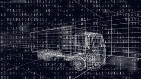 Animation of binary coding data processing over 3d drawing of lorry. Global engineering, car industry, computing, connections and data processing concept digitally generated video. - Powered by Shutterstock - Get 15% off with code: PIKWIZARD15