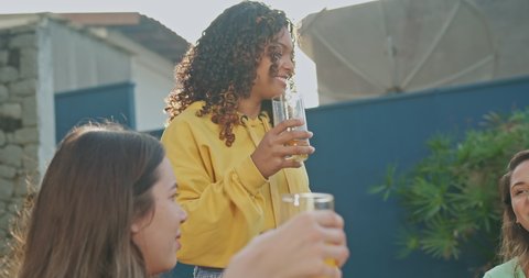 Group of friends celebrating toasting with drinks. Diverse people toast during barbecue garden party Video stock