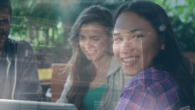 Animation of data processing over three smiling diverse male and female students studying together. Global communication, education, research and digital interface concept digitally generated video. - Powered by Shutterstock - Get 15% off with code: PIKWIZARD15