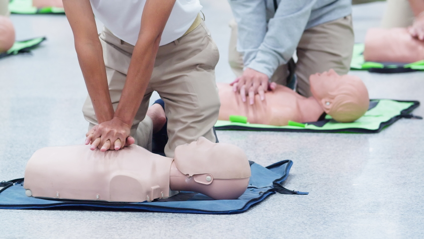 First Aid CPR Training Cardiopulmonary resuscitation, how to perform CPR. 4K Royalty-Free Stock Footage #1093669097