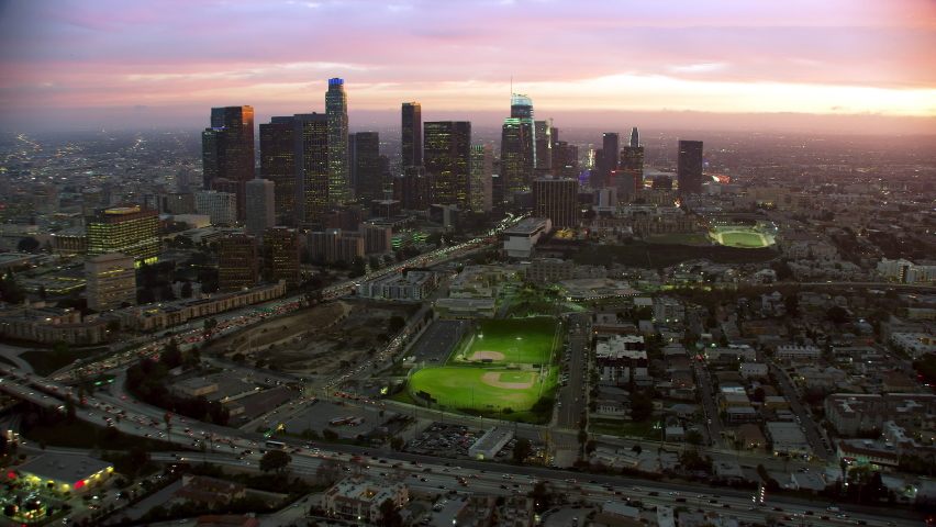 
Aerial view of Los Angeles. Skyscrapers in the Financial District and 110 Freeway Full of Cars. United Sates. California, United States. Shot in 8K. Blurred Logos and Brands. Royalty-Free Stock Footage #1093670061