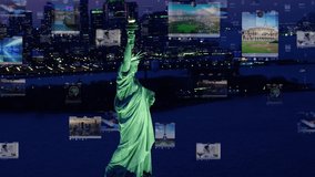 Connected Aerial View of The Statue of The Liberty with Several Interfaces. Futuristic Concept. Augmented Reality, Social Media. New York Skyline in The Background, United States.